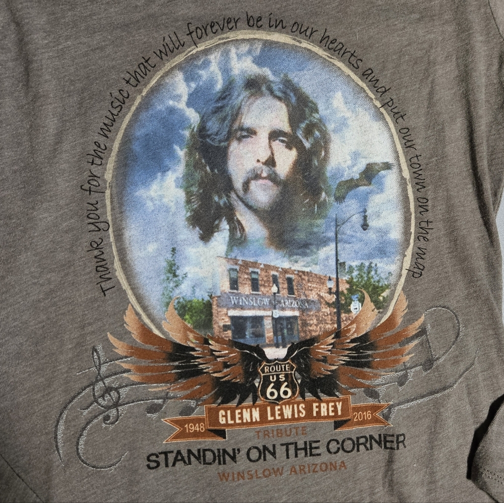 The Eagles Glen Frey Long Sleeve Earthy Granola Hippi Brown Band Tee Size Med - Picture 5 of 5